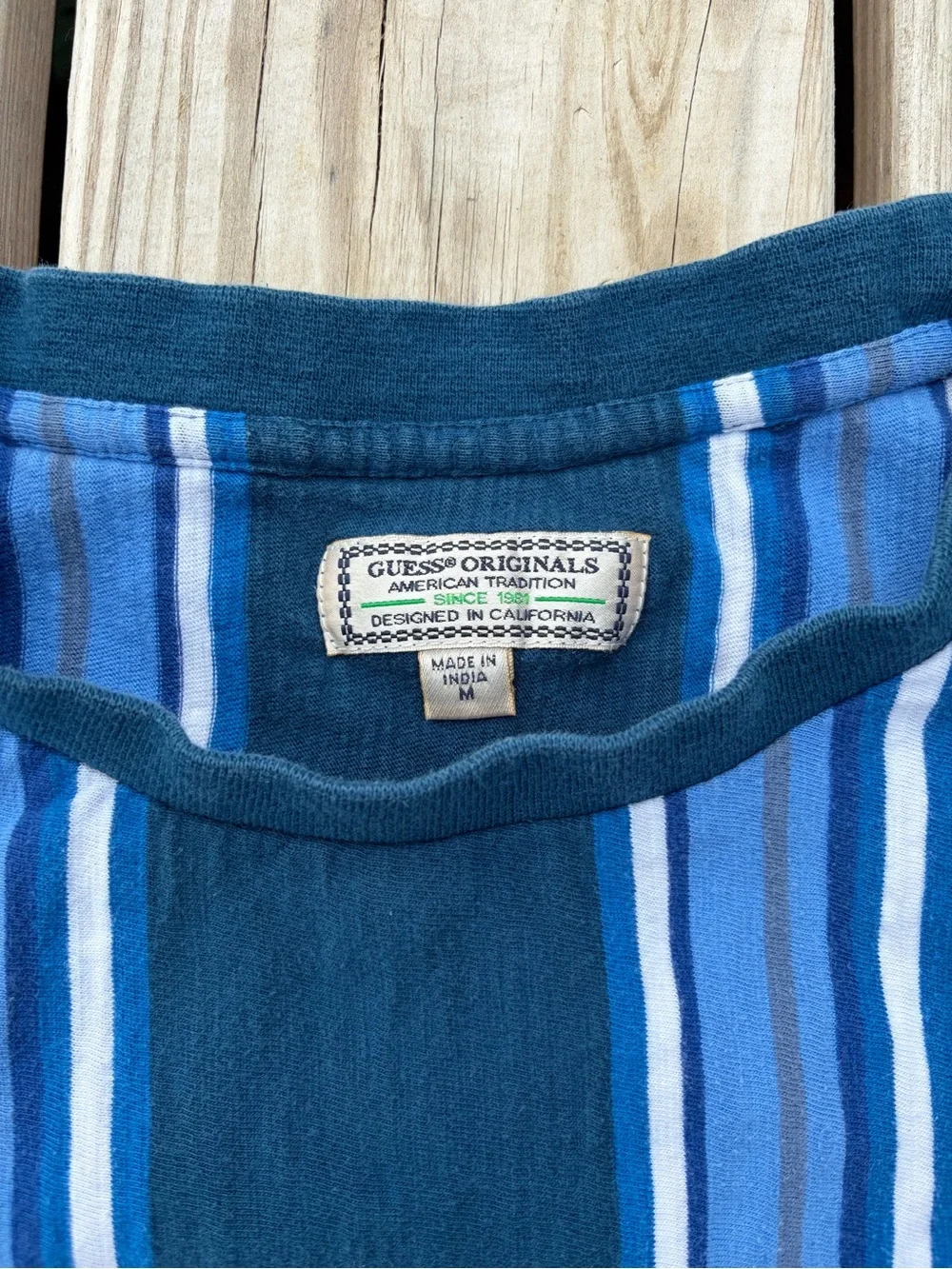 VINTAGE Guess Shirt Adult Medium Blue Striped Crew Neck Hip Hop Streetwear Y2K - Picture 6 of 13